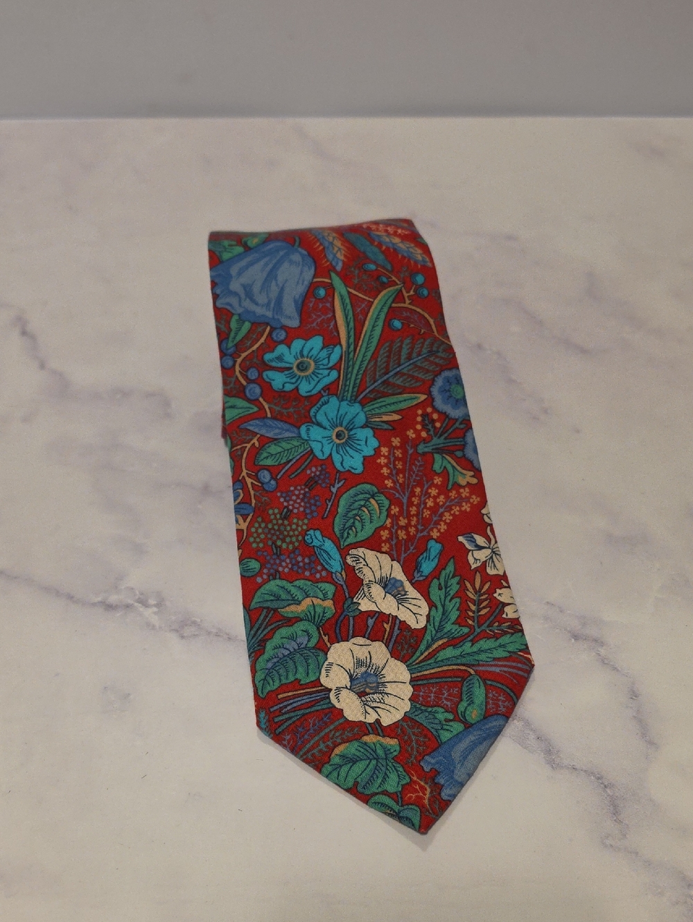 Liberty Of London Men's Red Floral  Tie - Blue & Green Accents
